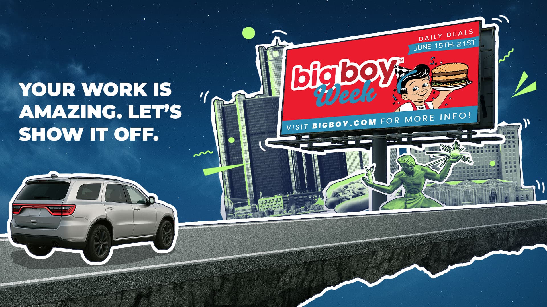 Digital billboard displaying cityscape advertisement